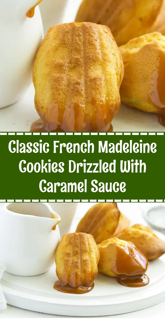 Classic French Madeleine Cookies Drizzled With Caramel Sauce