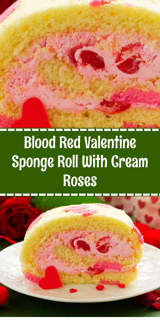 Blood Red Valentine Sponge Roll With Cream Roses